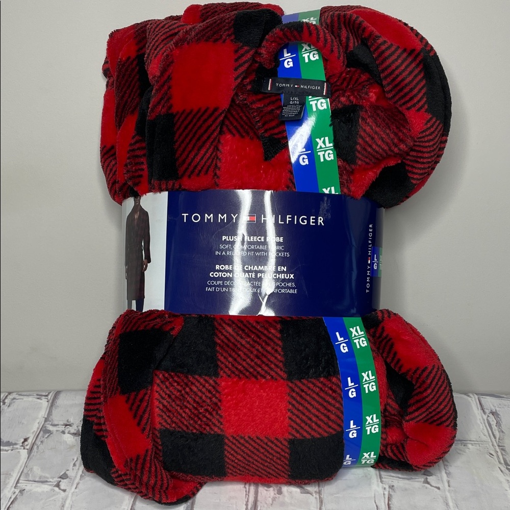 Tommy Hilfiger Red and Black Checkered Plush Fleece Robe
